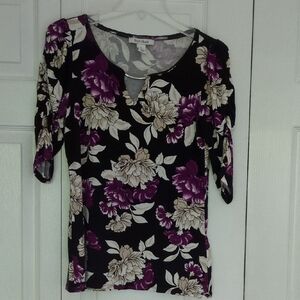 White House Black Market Floral Black and Purple Women's Top